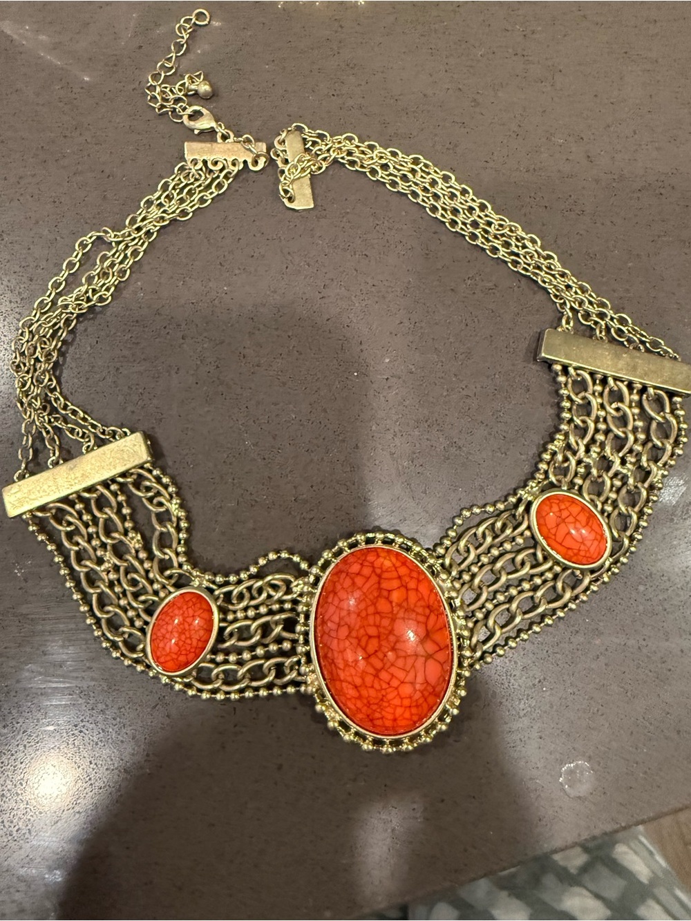 Vintage Gold-Tone Multi-Chain Necklace with Orange Cabochons